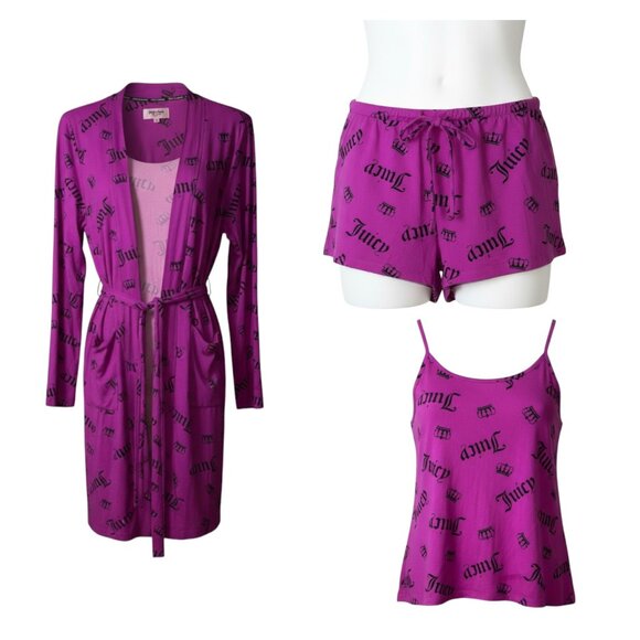 Juicy Couture Fuchsia 3 Piece Sleepwear Set Women's Size Small Robe Tank Shorts - Picture 1 of 11